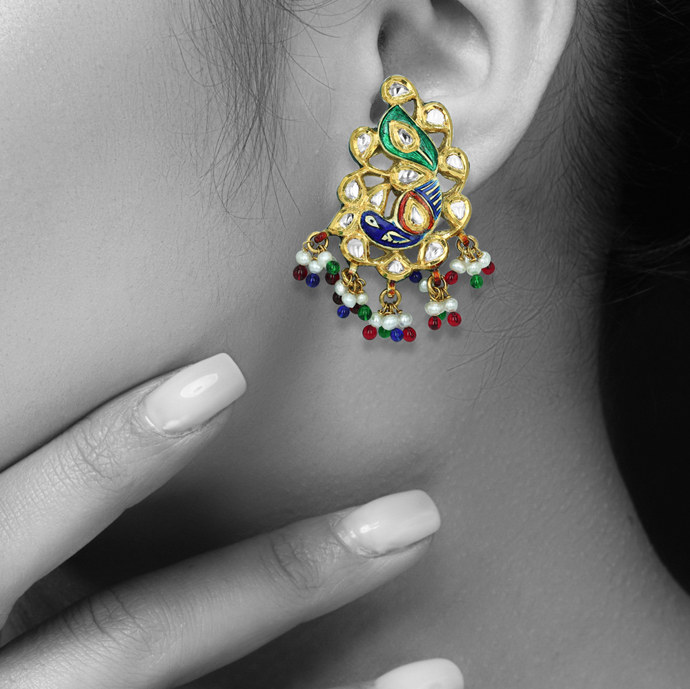 Polki Earrings with Peacock Enamel and Multicolour Beads